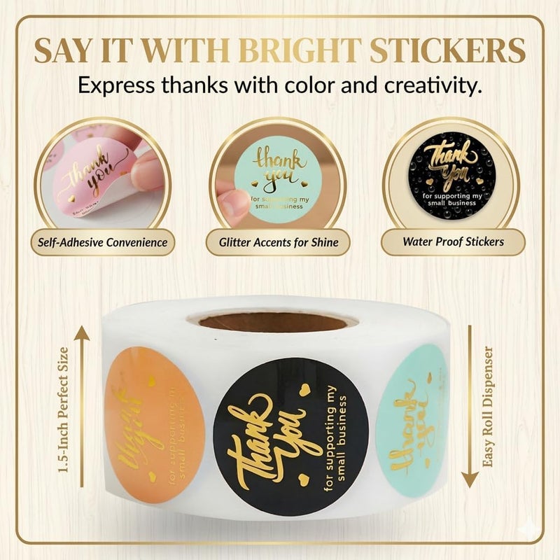 IBAKE 800 Thank You Stickers – 1.5" Round Labels (5 Designs, Multicolor) for Small Business, Packaging, Envelopes, Gift Bags, Bakery, Party Favors – Self-Adhesive Waterproof Thank You Sticker Roll - Image 4